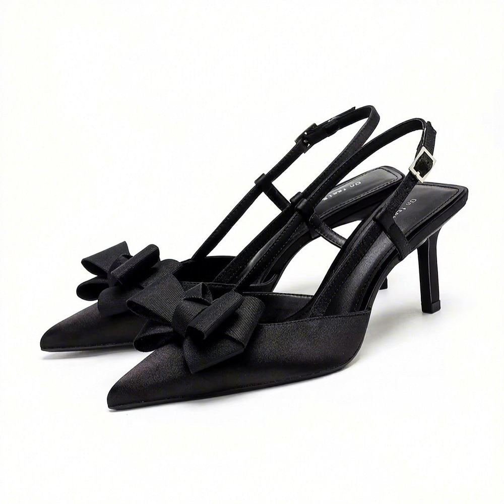 Pointed Black Bow Slingback Heels